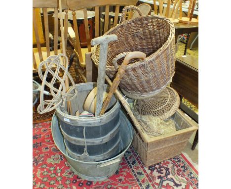 A Hardy Brothers alloy telescope shooting stick with leather seat, a vintage iron wheelbarrow wheel, a wicker basket and misc