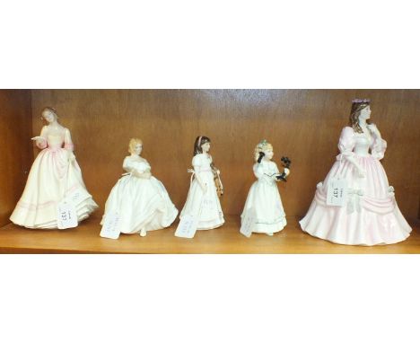 Four Royal Doulton figurines, 'Yours Forever' HN3354, 20cm high, 'Heather' HN2956, 17cm, 'First Performance' HN3605, 15cm, 'H