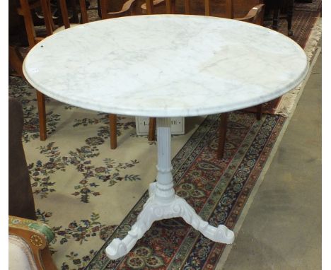 A circular marble-top table on painted cast iron reeded column and tripod base, 88cm diameter, 70cm high.