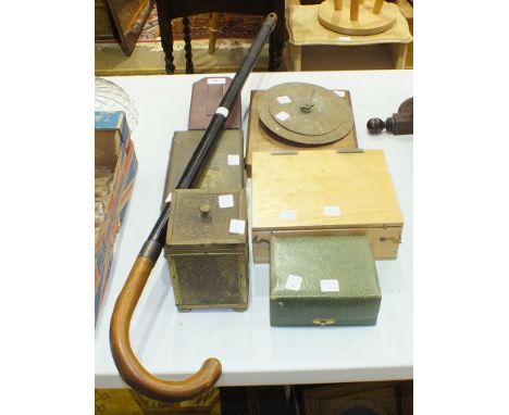 A wooden walking stick fitted with a bulb in the end, 94cm, a cased Smith's Industrial Division Tachometer and miscellaneous 