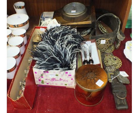 Two straps of horse brasses, a Kemp Bros oak-framed aneroid barometer, various platedware and miscellaneous items.