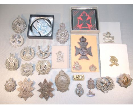 SILVER AND ENAMEL ROYAL WARWICKSHIRE CAP BADGE, SILVER ARP LAPEL BADGE, MINE CLEARANCE SERVICE BADGE, OTHER BADGES AND TWO GL