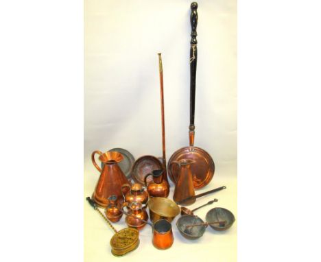 VICTORIAN COPPER ONE GALLON MEASURE, JUG, CHESTNUT ROASTER, SCALES, PEWTER PLATE AND OTHER ITEMS [A LOT]