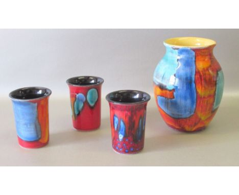 POOLE POTTERY GEMSTONE CLASSIC BALUSTER VASE (H:16.5cm) AND THREE POOLE CYLINDRICAL VASES, EACH WITH A FLARED RIM (H: 9.4cm) 