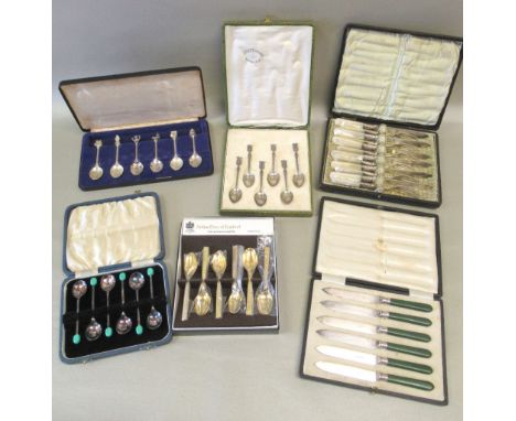 SET OF SIX FRENCH SILVER COFFEE SPOONS, EACH WITH A TOWN CREST FINIAL BY AD, 2nd STANDARD (38.1g), SET OF SIX PLATED COFFEE S