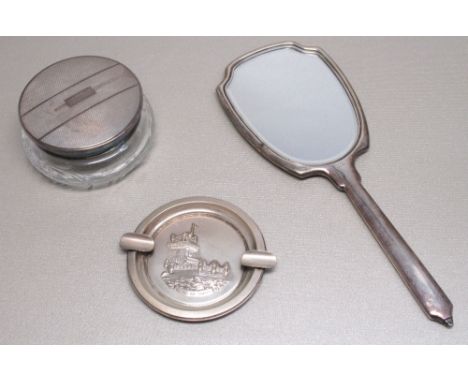 ART DECO STYLE SILVER ENGINE TURNED HAND MIRROR BY BROADWAY & Co. BIRMINGHAM 1955 (L: 27.4cm), A ROCK CRYSTAL GLASS POWDER BO