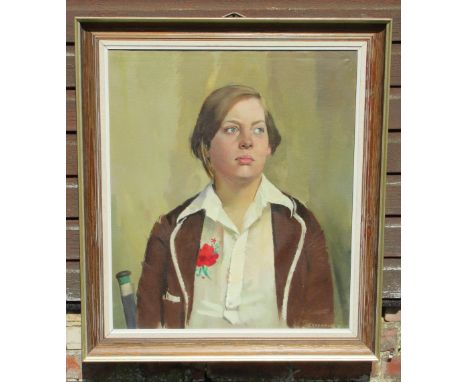 EDWIN GREENMAN (1909-2003) PORTRAIT OF SUE BISS, ½ LENGTH, OIL ON CANVAS, SIGNED AND DATED '75, REVERSE LABEL, (70cm x 59.5cm