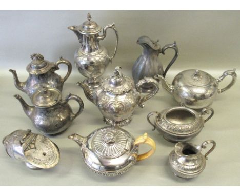 VICTORIAN SILVER PLATED SHAPED OCTAGONAL TEAPOT WITH CHASED AND EMBOSSED FLORAL DECORATION (H: 22cm), FOUR OTHER TEAPOTS, THR