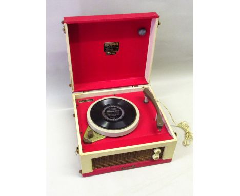 DANSETTE JUNIOR DELUXE RECORD PLAYER WITH A FOUR SPEED DECK, IN A RED AND CREAM CASE, BY J &amp; A MARGOLIN LTD, PLUS-A-GRAM 