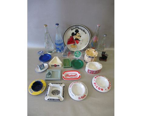 FRENCH VINTAGE BISTRO ASHTRAYS, CARAFE AND FOUR EVIAN LIMITED EDITION WATER BOTTLES, UNOPENED AND A BLACK CAT CIGARETTE LIGHT