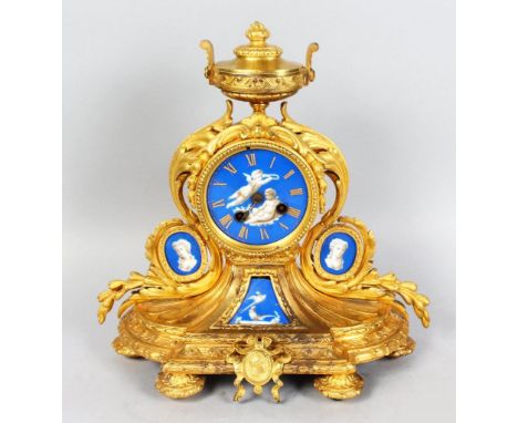 GOOD 19th CENTURY FRENCH GILT ORMOLU MANTLE CLOCK, WITH BLUE PORTRAIT PORCELAIN PANELS AND DIAL, EIGHT-DAY MOVEMENT, STRIKING