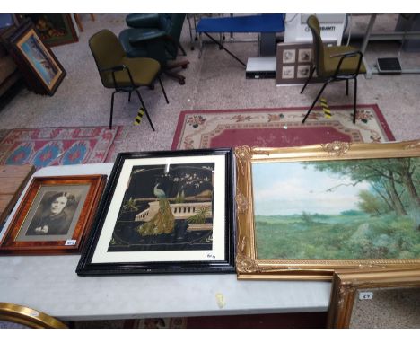 A collection of framed items to include: oriental theme tapestry, landscape scene and portrait (3) 