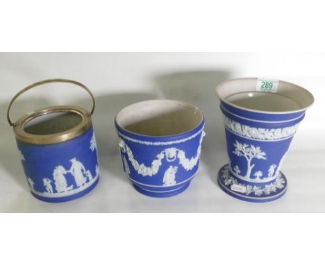 Wedgwood Dip Blue items to include: small Planter, Flower Vase and Biscuit Barrel(lid missing), height of tallest 18cm(3) 