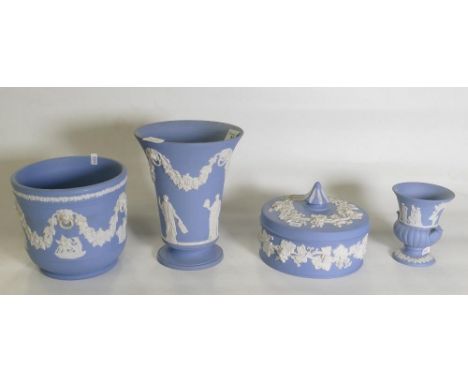 Wedgwood Jasperware item to include: Vase, lidded box , small planteretc(4) 