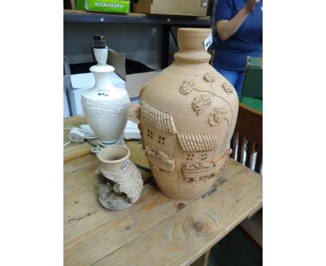 Wedgwood Queensware lamp base: together with two terracotta vases 