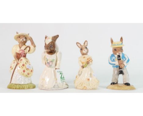 Royal Doulton Bunnykins figures : Bride DB101, Bo Peep DB229, Bridesmaid and limited edition Clarinet Player DB184(4) 