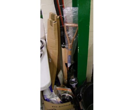 A mixed collection of garden tools: Draper garden fork, scythes, Stihl accessories etc. 