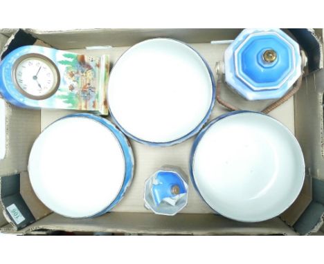 A collection of Newhall Pottery items to include: Bowls. Mantle Clock, Biscuit Barrel et 