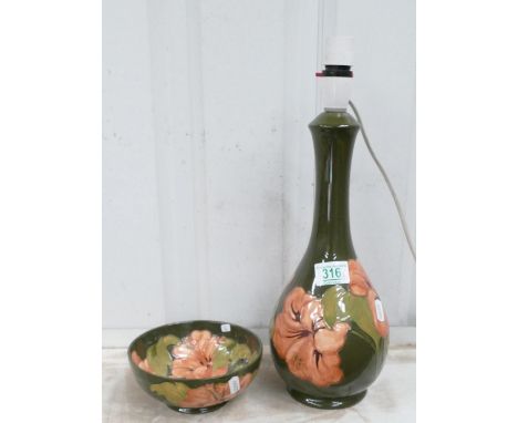 Moorcroft Hibiscus on green background lamp base: and bowl. Height of lamp 41cm including fitting (2) 