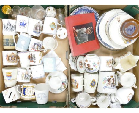 A large collection of commemorative items to include:  cups , saucers, loving cups, plates etc (2 trays) 
