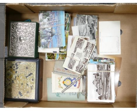 A collection of vintage postcards, silks and decorative boxes: 