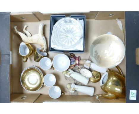 A mixed collection of item to include: Boxed Waterford Cyrstal Bow, Heavy Glass Globe, Gilded part Coffee set , damaged Beswi