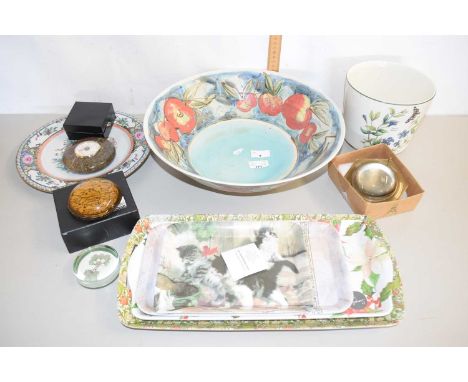 A large David Walters Particular Pottery fruit bowl together with further jardiniere, serving trays, modern pocket watch, sma