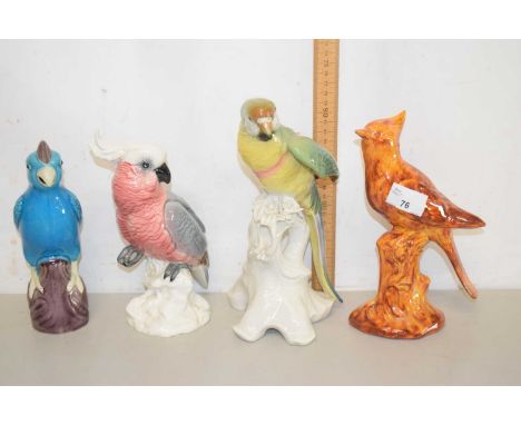 A ceramic figure of a parrot on a branch by Karl Ens together with two further bird models and a Beswick model of a cockatoo 