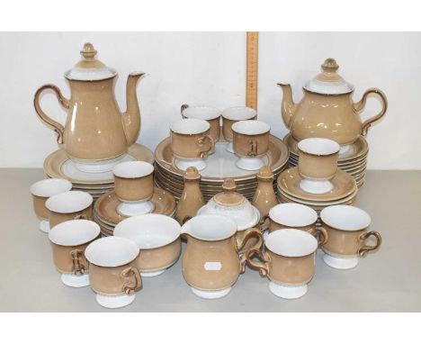 Quantity of dinner and tea wares, unmarked, comprising dinner plates, side plates, coffee pot, teapot, milk jug, cups and sau