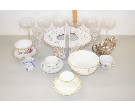 Two French faience bough pots together with a group of cups and saucers including a 20th Century Meissen example decorated wi