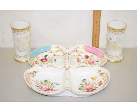 Two small vases both with sepia print of Lincoln Cathedral together with a quatrafoil ceramic dish painted with flowers