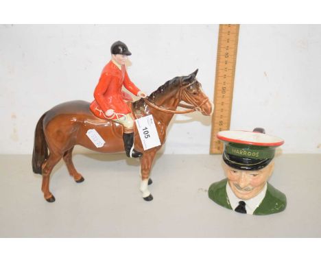 A Beswick model of a huntsman in red hunting dress together with a small Carlton ware Harrods character jug