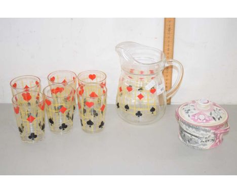 Quantity of drinking glasses, 1960's/70's with suits from playing cards, diamonds, spades etc together with a matching water 