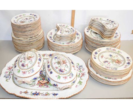 An extensive quantity of Coalport dinner wares in the flower pot pattern, early 20th Century, comprising two tureens and cove