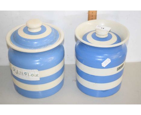 Two Cornish ware jars with covers by T G Green &amp; Co (chip to cover on one)