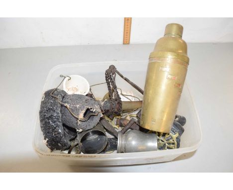 Box containing a quantity of metal wares, brass cocktail shaker, small pewter mug