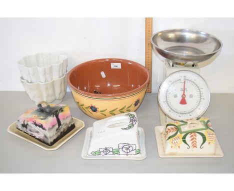 Quantity of kitchen wares, cheese dishes, two jelly moulds, pair of scales etc