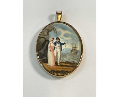 EARLY 19th CENTURY ENGLISH SCHOOL; an oval portrait miniature, a couple watching a masted galleon, unsigned, with plaited hai