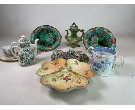A collection of ceramics including a Royal Worcester blush ivory tri-leg serving dish, a large 19th century blue and white lo