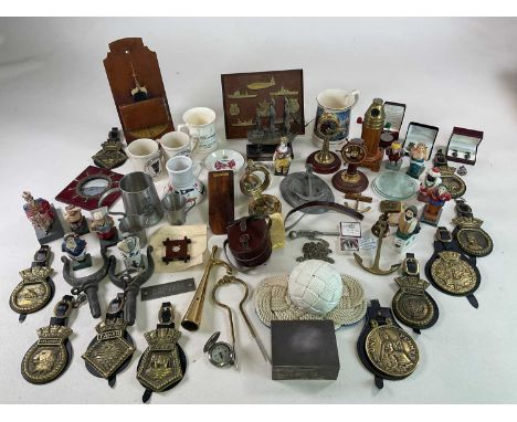 MARITIME INTEREST; a group of modern naval related items to include miniature binnacle, ship's wheel, engine room telegraph, 
