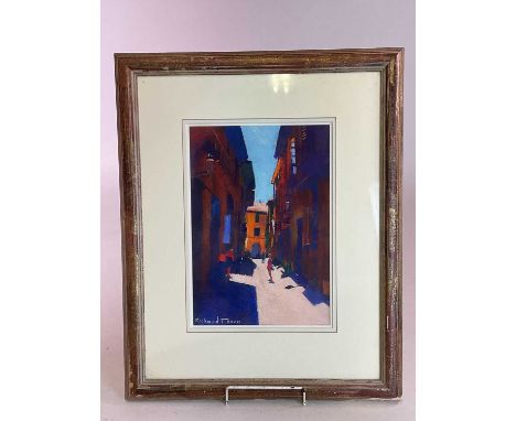 † RICHARD THORN; mixed media, 'Restaurant Hunting, Mallorca', signed, titled verso, 36 x 25cm, framed and glazed.Condition Re