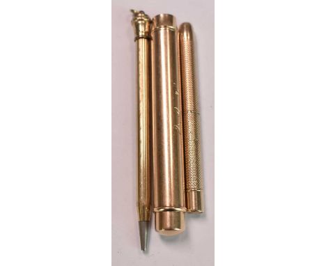 SAMPSON MORDAN &amp; CO; a 15ct yellow gold drop pencil with engraved initials to the body and with push button action for th