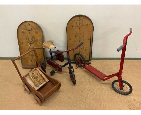 A vintage child's tricycle, a scooter, a cart and three bagatelle boards.