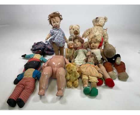A collection of dolls and bears including pressed felt dolls, some marked Chad Valley, a miniature teddy, a Steiff Hedgehog a