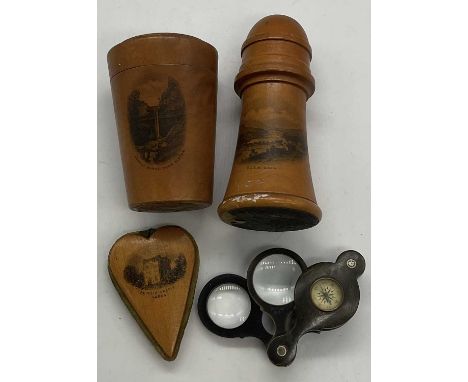 MAUCHLINE WARE; three items comprising a cylindrical pot with lid for 'Ashgill Force, Near Alston', a further cylindrical pot