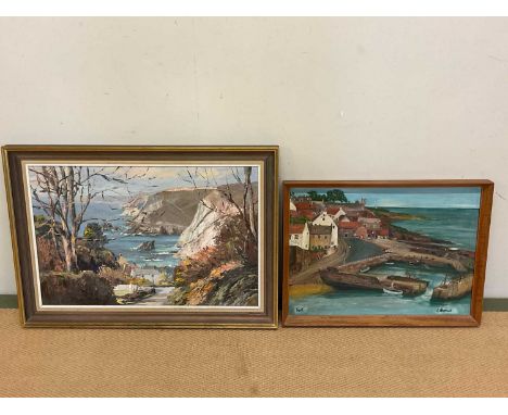 † NANCY BAILEY; oil on board, rugged coastal scene of cliffs over looking the sea, signed bottom right, 39 x 59cm, together w