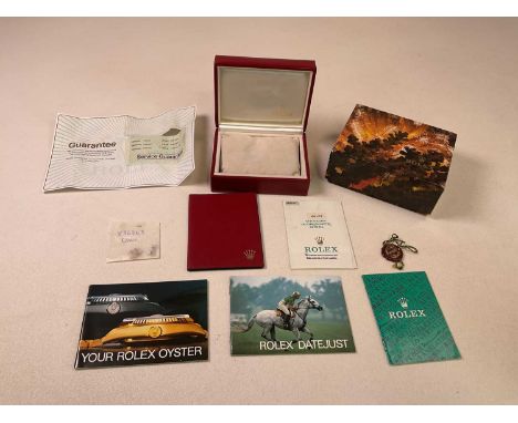 ROLEX; a vintage inner and outer wristwatch box, various papers for a Datejust watch, spare link for a watch, also with guara