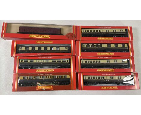 HORNBY; eight coaches comprising four R. 488 'GWR Clerestory Brake 3rd Class Coach', a R.6054A 'BR Bogie Milk Van Siphon H142