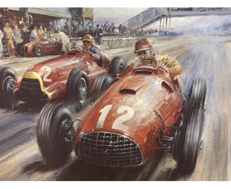 A Nicholas Watts print, Race of the Titans, signed, and six other motoring prints, some unframed (7) 