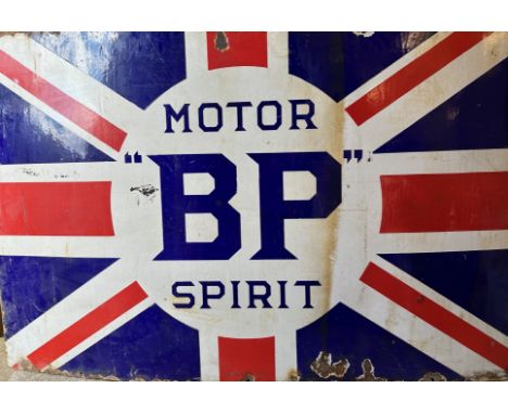 An enamel sign, BP Motor Spirit, on a Union Flag background, Bruton Palmers Green, 92 x 137 cmSome staining and general loss 